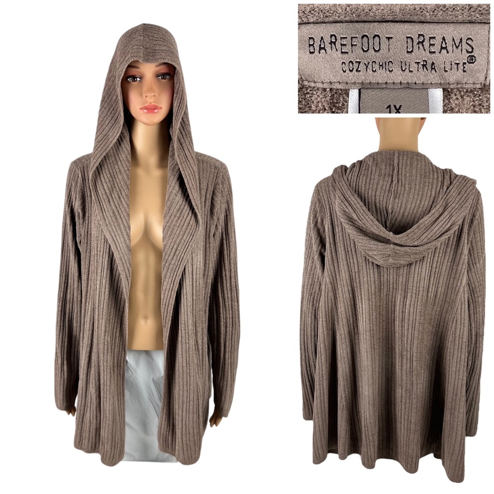 Barefoot Dreams 1X Cardigan Cozychic Ultra Lite Brown Open Front Hood Pocket EUC